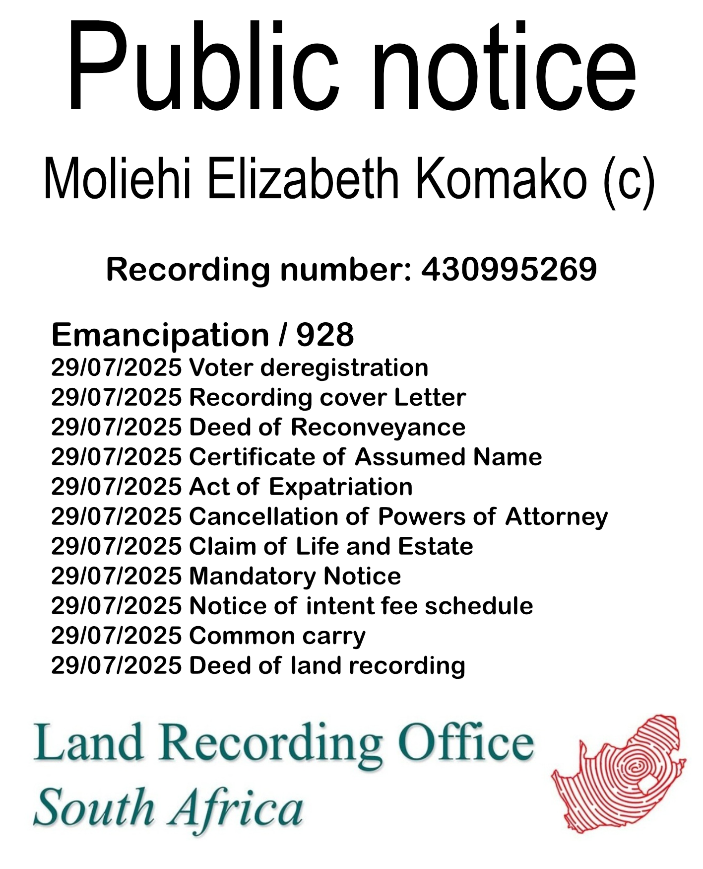 Public notice Moliehi Elizabeth Komako (c) Recording number 430995269